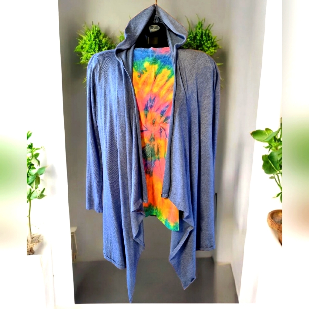 EGM Open Front Blue Hooded Sweater Cardigan
